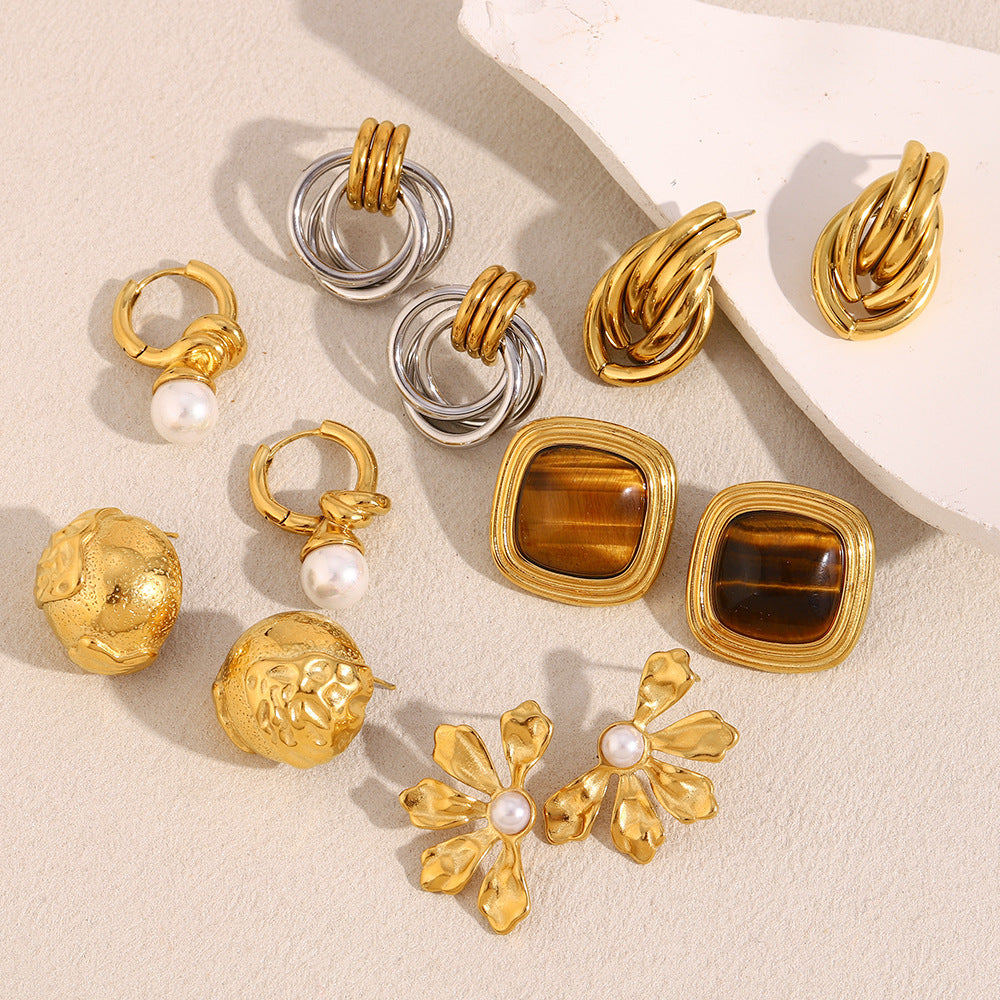 Hot Selling Second-Hand Niche Stainless Steel 18K Gold Plated Flower Pearl Pattern Square Black Jade Earrings For Women