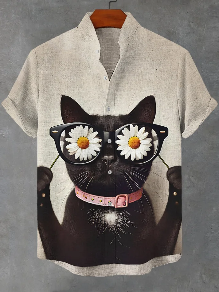 Men's Black Cat Daisy Art Print Short Sleeve Shirt