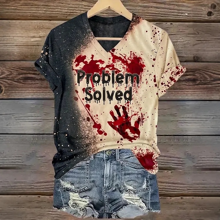 Women's Vintage Bloody Hands With Problem Solved Halloween Art Printed Short Sleeve T-shirt