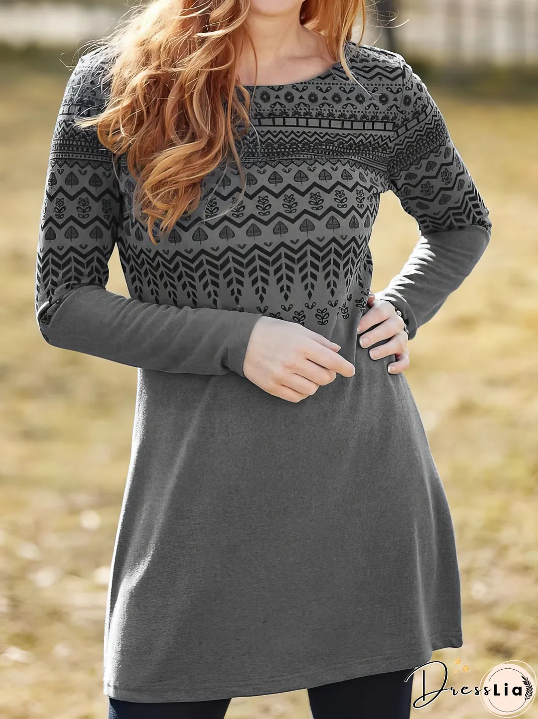 Vintage Printed Round Neck Long Sleeve Dress