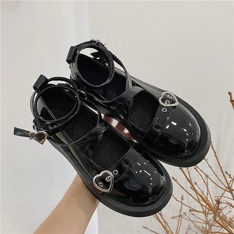 Women Shoes Sweet Lolita Shoes Platform Round Head Thick Heel Cross Bandage Kawaii Shoes Cosplay Mary Jane Shoes Heart Buckle