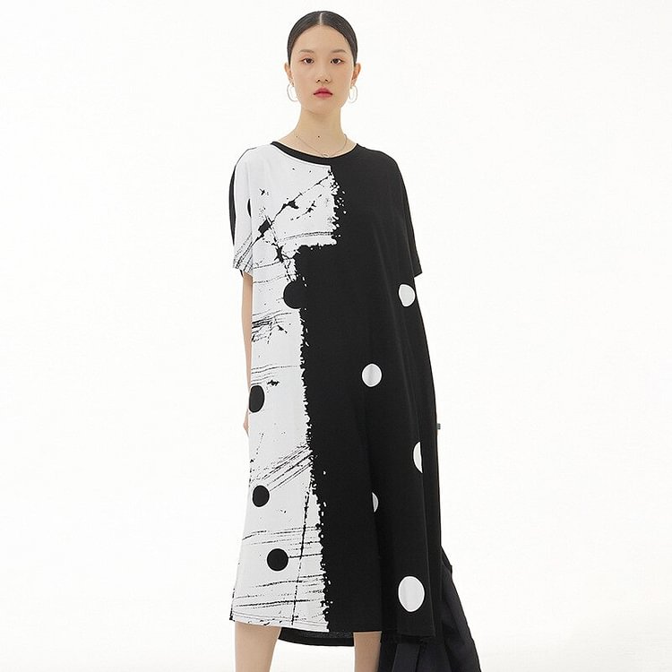 Fashion Loose Asymmetrical Contrast Color Dots Printed Short Sleeve Dress   