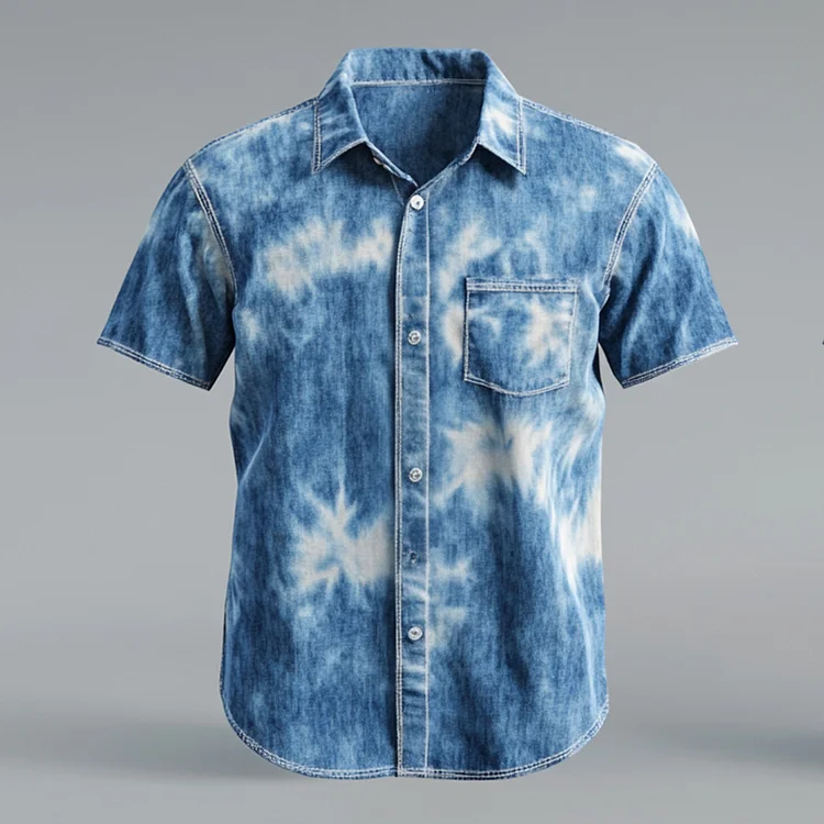 Okaywear Denim Tie Dye Chest Pocket Button Short Sleeve Shirt 