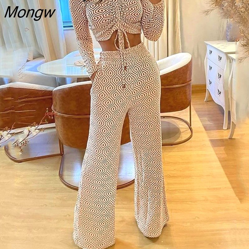 Mongw Women Two Piece Set Casual Printing Round Neck Long Sleeve Drawstring Top Loose Wide Legs Pants Sets High Streetwear