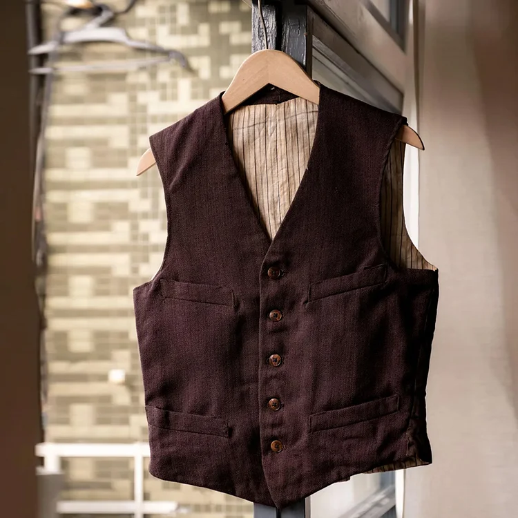 Men's 1930's French Vintage Brown Red Wool Work Gilet