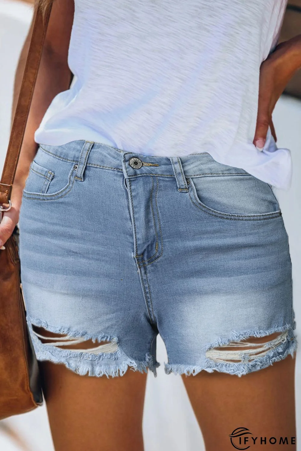 Sky Blue Frayed Hem Denim Shorts with Pockets | IFYHOME