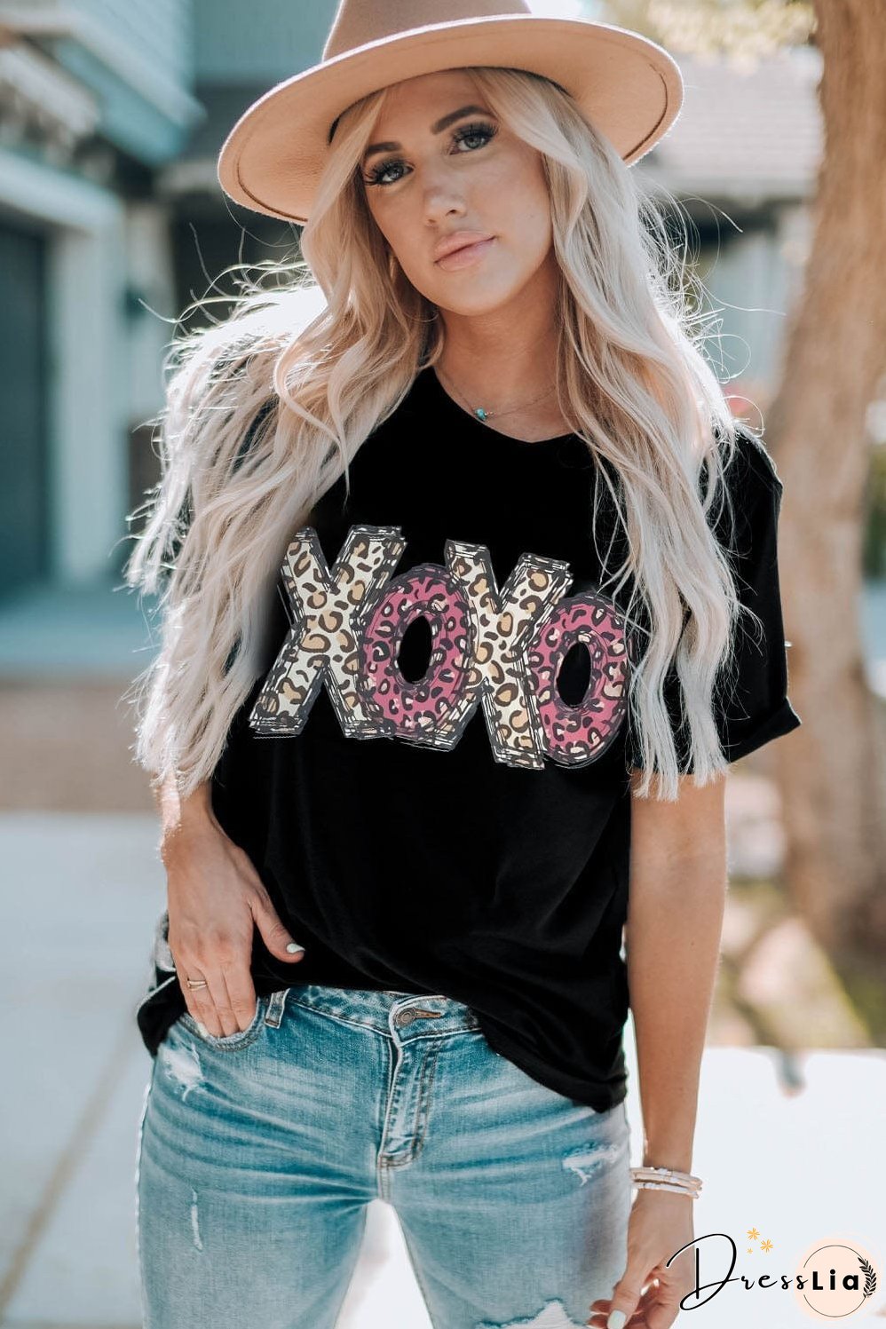 Black and Leopard Print XOXO T-Shirt, Casual Wear