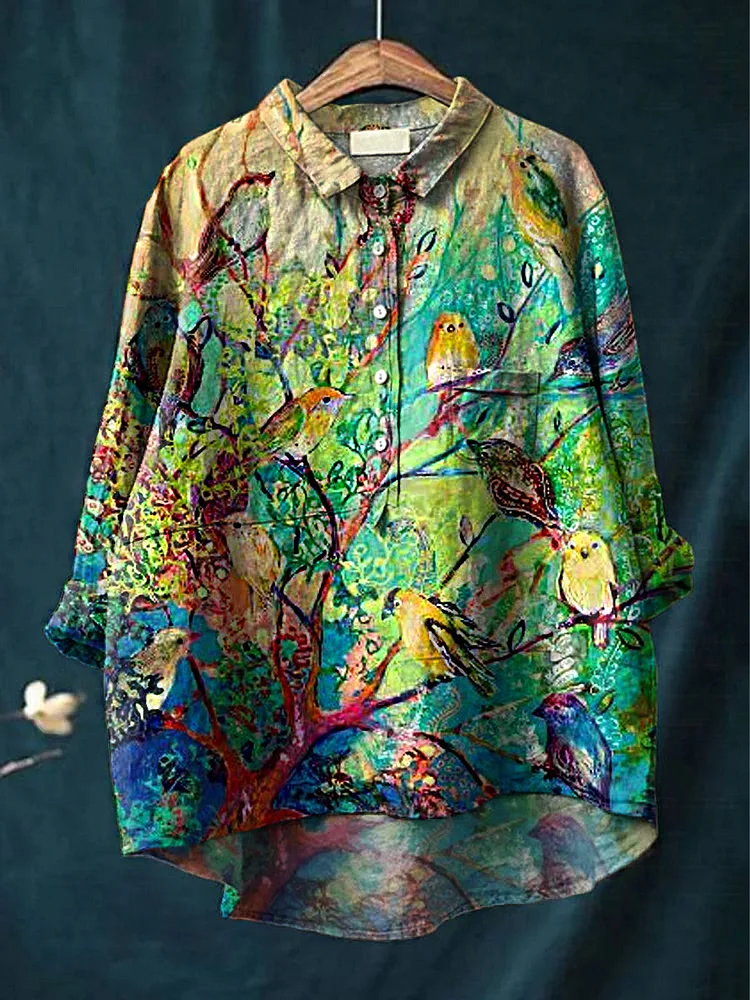 Women's Cartoon Painted Flower and Cat Pattern Casual Cotton Linen Shirt