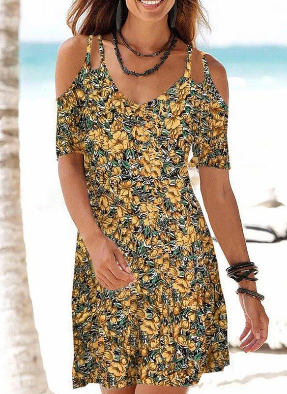 Casual Printed Suspender V-neck Ripped Sleeve Dress