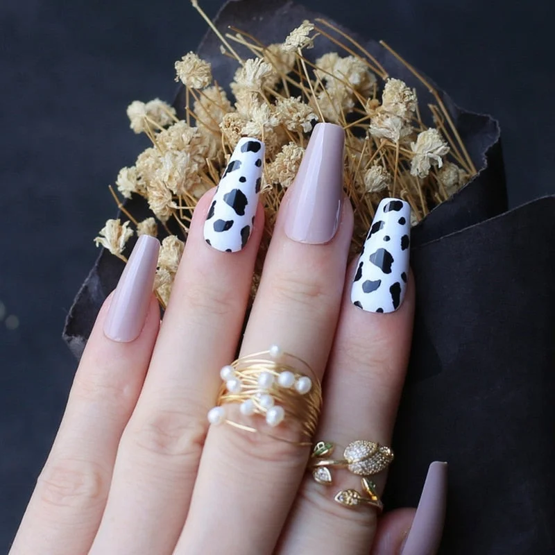 Black white mix and match cow print fake nails Medium coffin false nail UV design gel popular Black spots-Nail Inspo