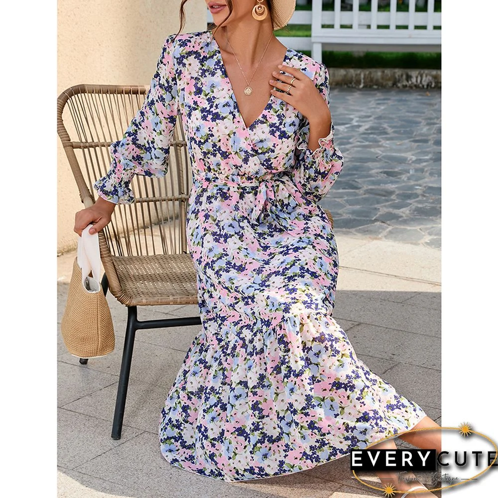 Light Purple V Neck Tie Waist Long Sleeve Floral Dress
