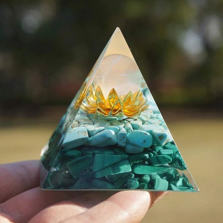 Clear Crystal Turquoise Malachite Lotus Symbol Orgone Pyramid