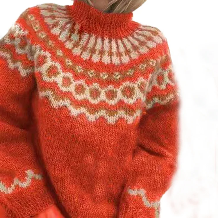 Vefave Vintage Turtleneck Pullover Chunky Jacquard Sweater