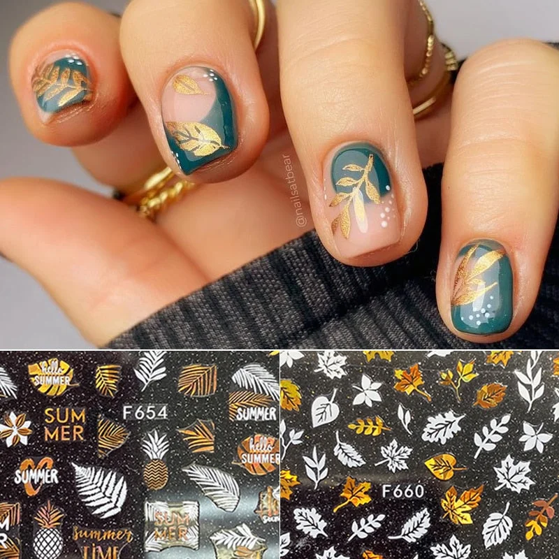 Iridescent Bronzing Fall Leaf 3D Nail Sticker Autumn Gold Black Sparkly Maple Leaves Decals Slider Nail Art Decoration Manicures