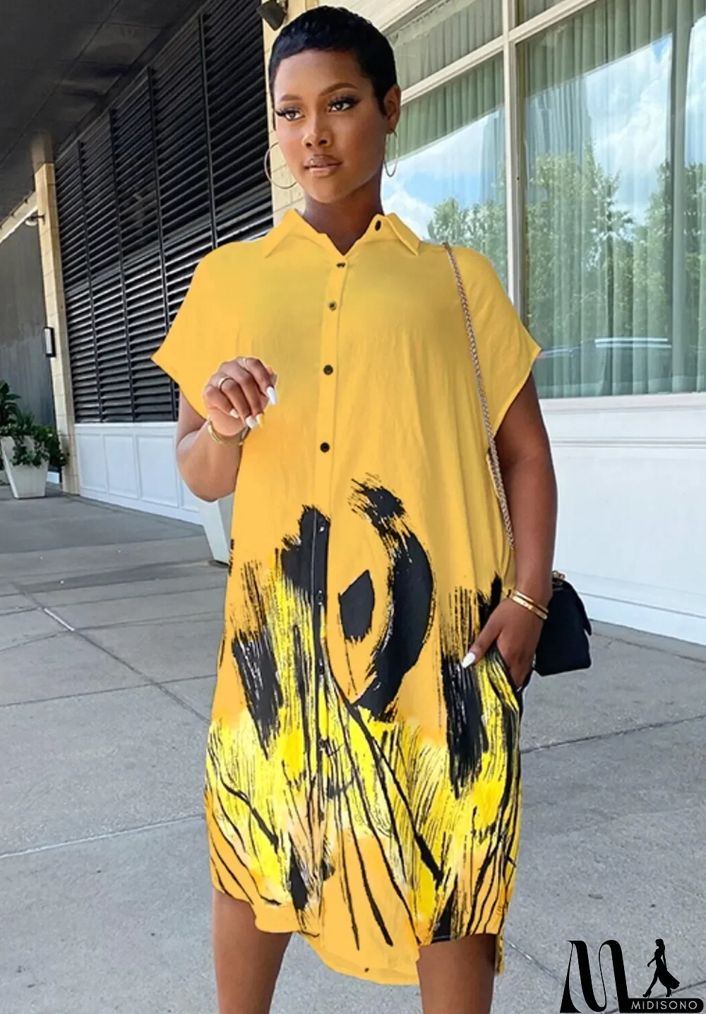 MidiSono - Summer Casual Print Long Blouse Dress with Short Sleeves