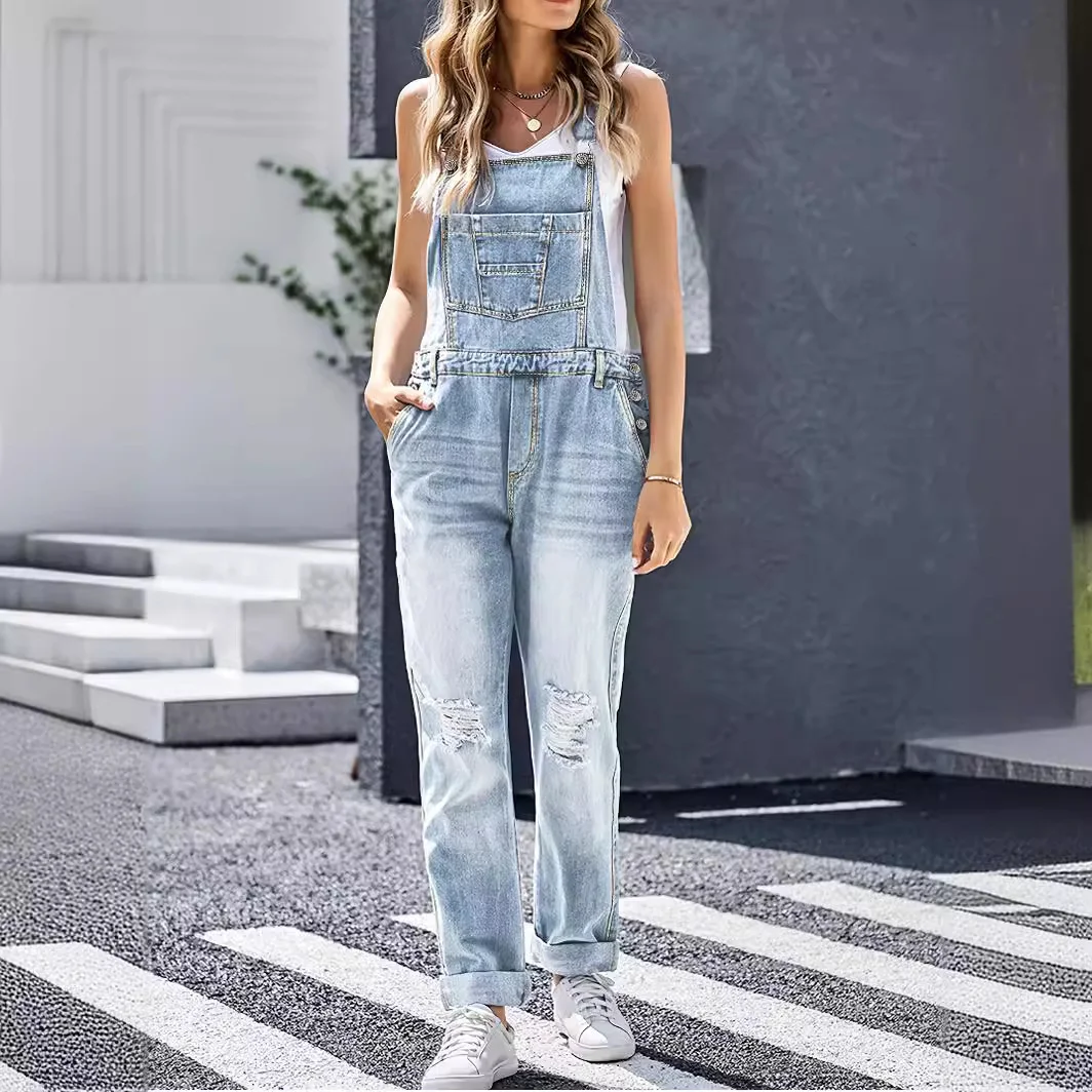 Woman's Ripped Denim Jumpsuit Sleeveless Overall One Piece Denim Jumpsuit