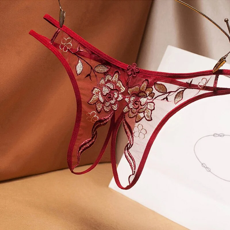 Uaang Women's briefs sexy  French embroidery sexy mesh hollow out free off thong low waist transparent t pants G-String