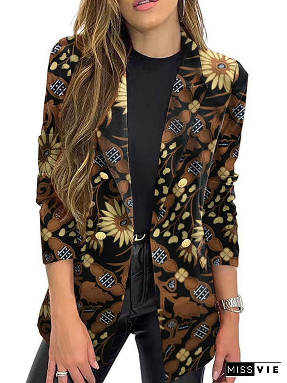 Women Long Sleeve Shirt Collar Floral Printed Striped Graphic Top Coats