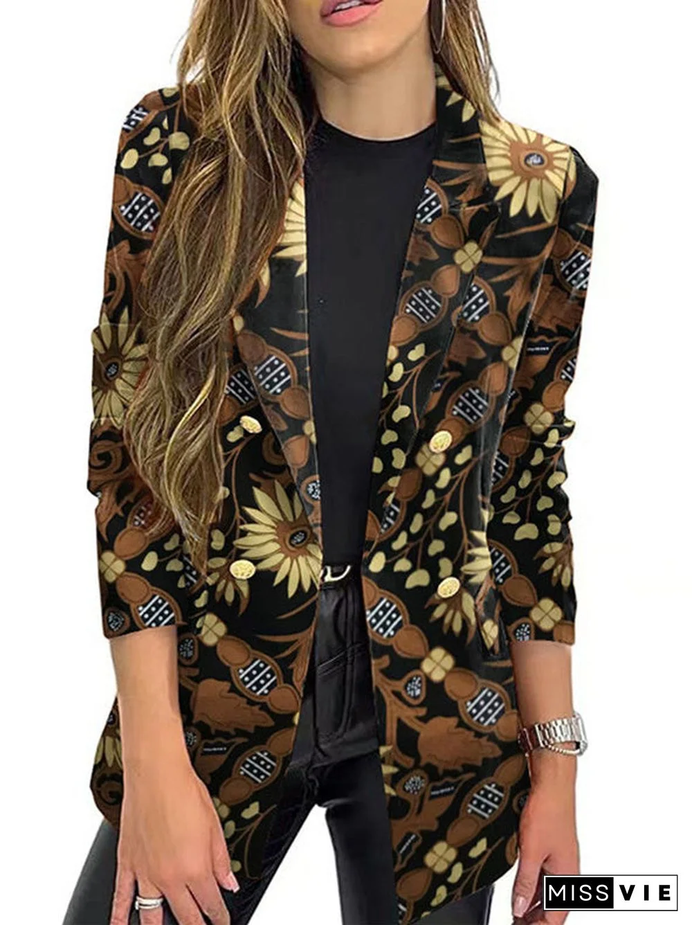 Women Long Sleeve Shirt Collar Floral Printed Striped Graphic Top Coats