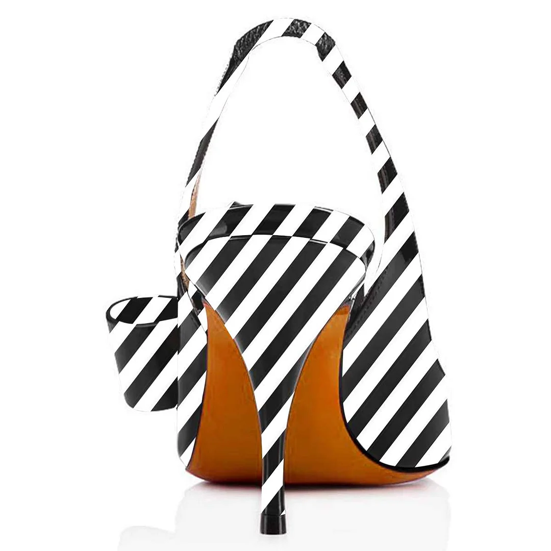 Black & White Stripes Pointed Toe Slingback Pumps with Bows