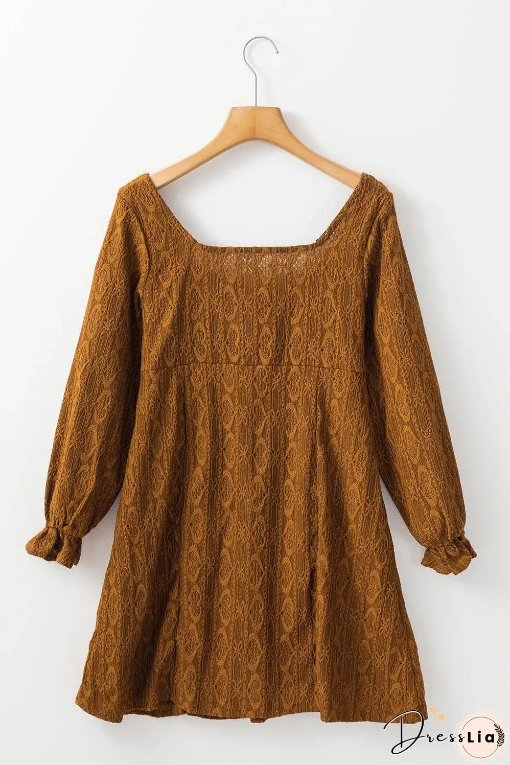 Chestnut Lace Crochet Buttoned Square Neck Shift Mini Dress