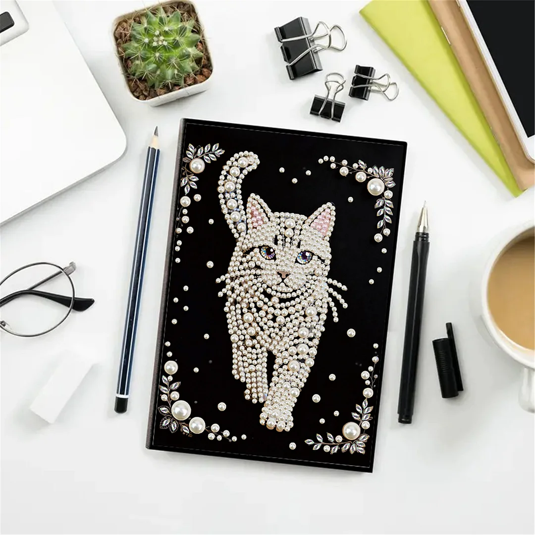 Cat Partial Pearl DIY 50 Pages A5 Diamond Painting Notebook Special Shaped Diamond Art Diary Book Kits Wireless Strip 5D Crystal Art Paintings Sketchbook for Art Drawing