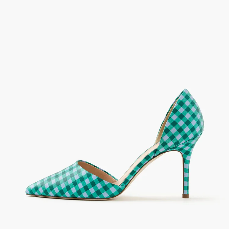Women's Green Pointy Toe D'orsay Plaid Stiletto Heels Pumps |FSJ Shoes