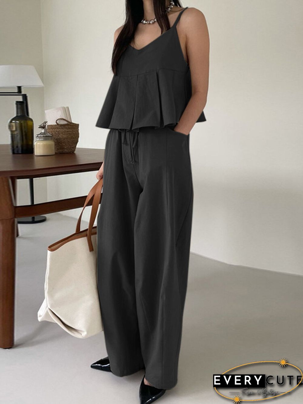 Plain Pleats V Neck Sleeveless Elegant Two Pieces Suit