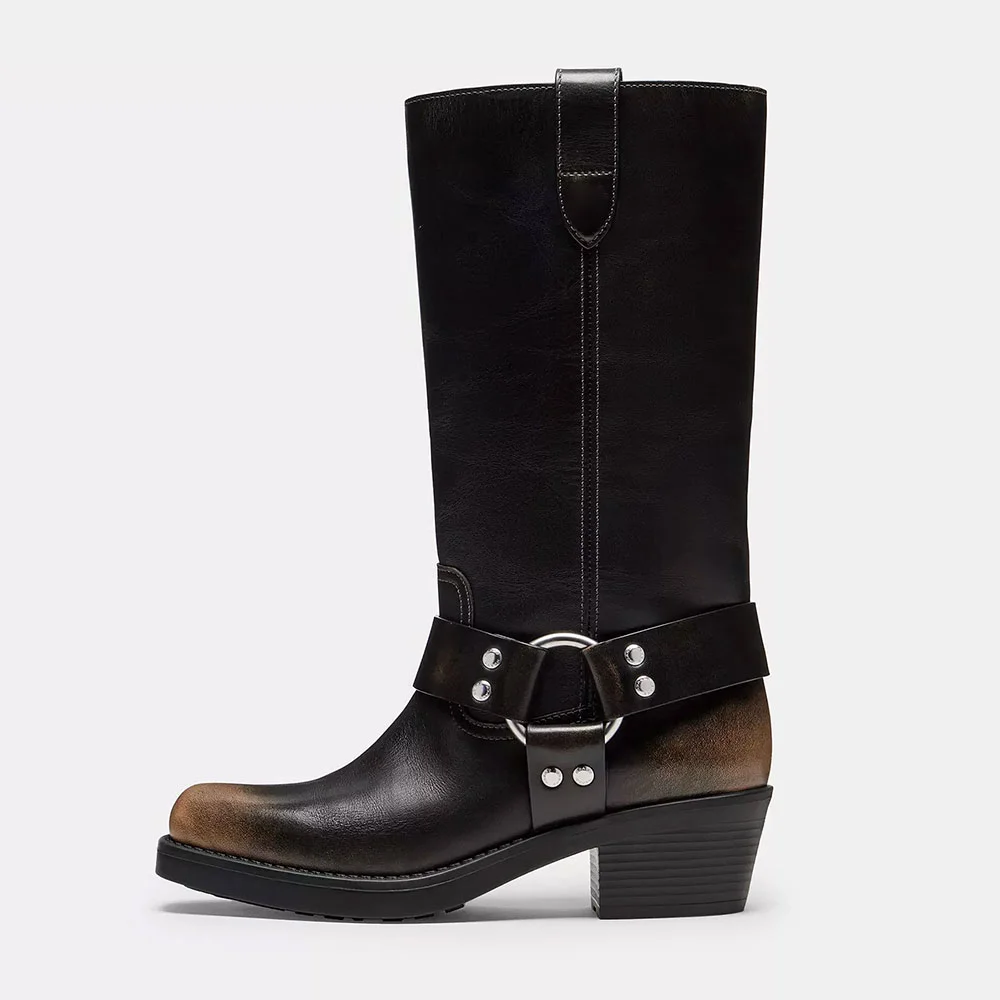 Black & Brown Closed Square Toe Harness Mid Calf Boots with Ring