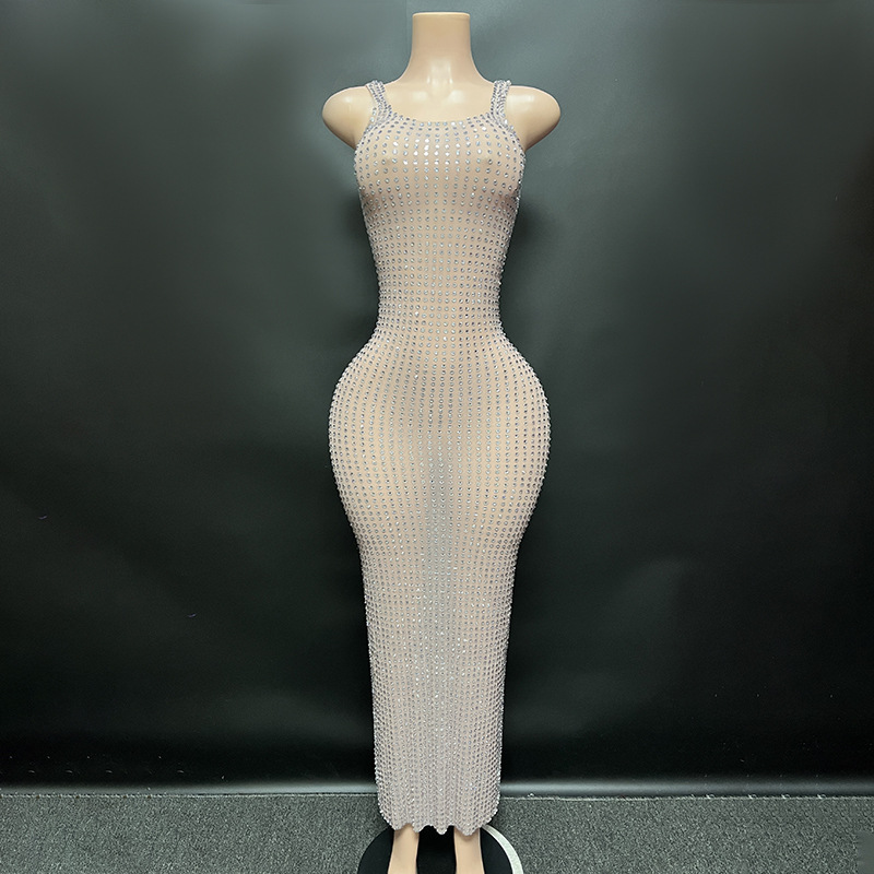 TAAFO  Apparel Birthday Dresses For Girls Long Sleeveless Crystal Dress Party Bodycon Gown