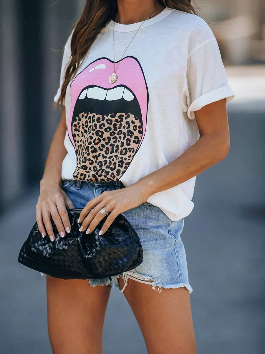 Leopard Tongue Lips Pattern T-shirt
