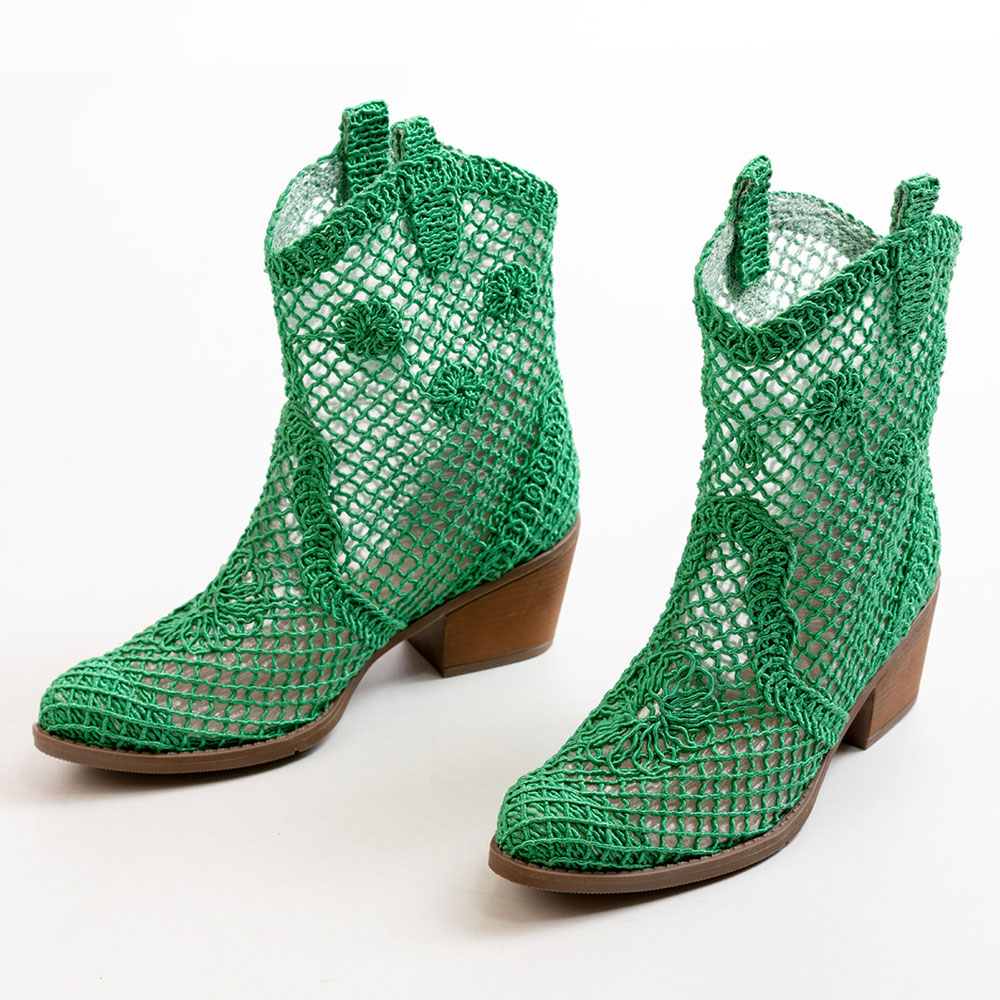 Hollow-Out Block Heel Short Green Pointed Toe Cowgirl Boots for Women Nicepairs