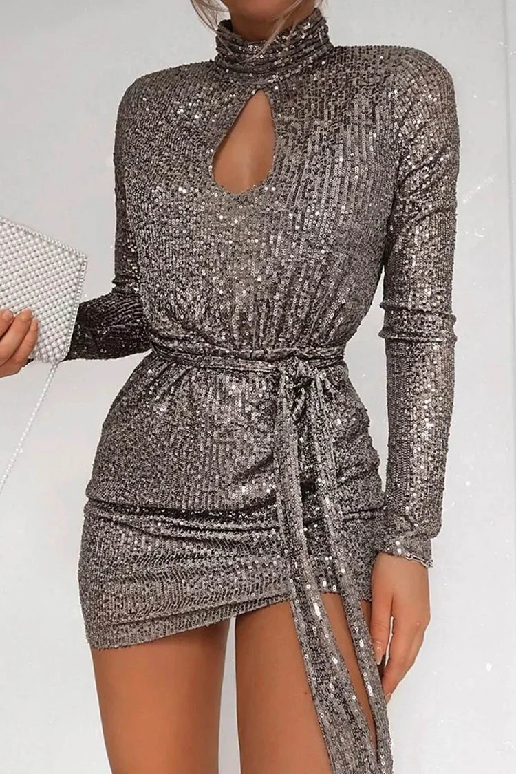 Sequined Keyhole Tie Waist Dress