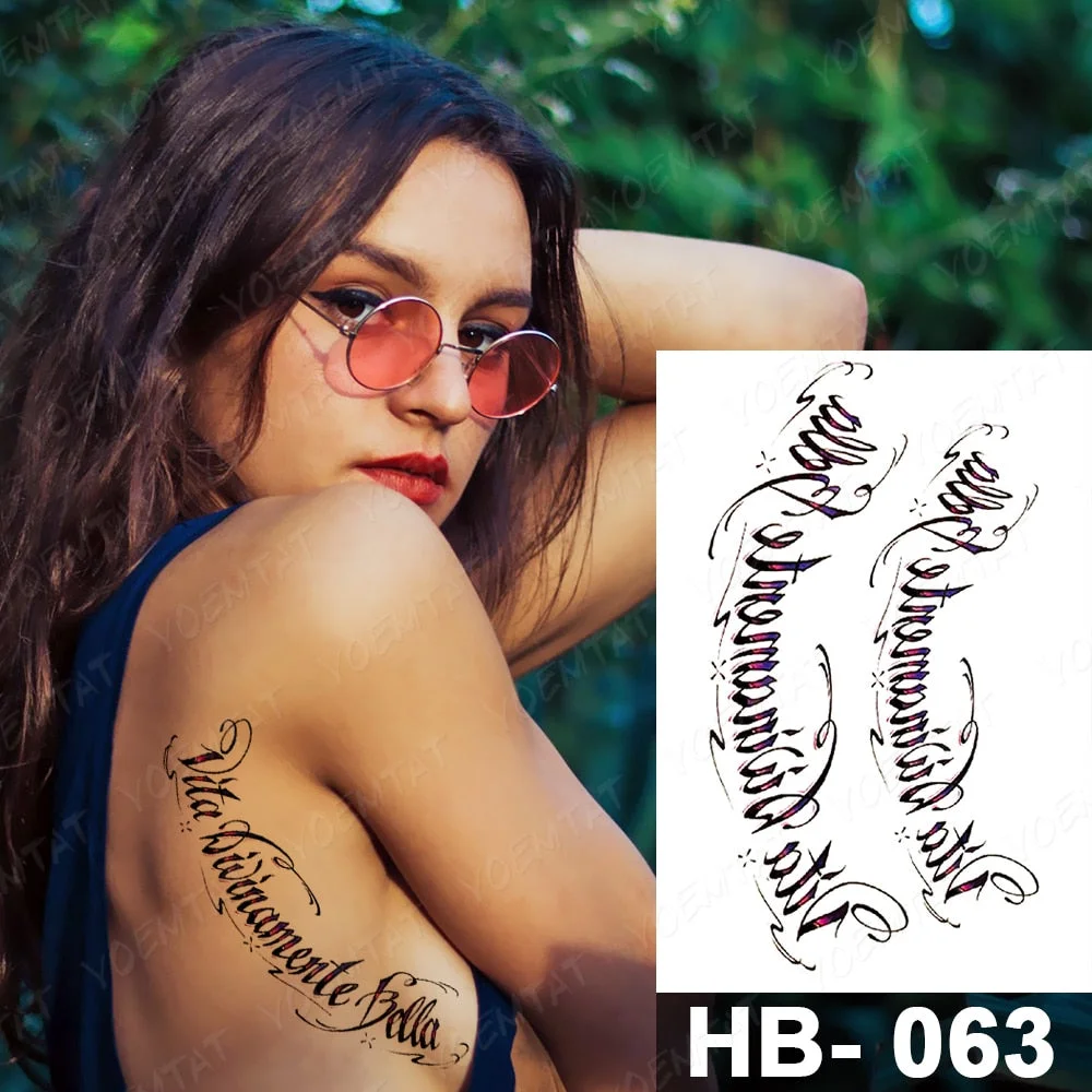 Black Word Waterproof Temporary Tattoo Sticker English Sanskrit Arabic Letter Language Totem Sexy Body Art Fake Tatto Women Men
