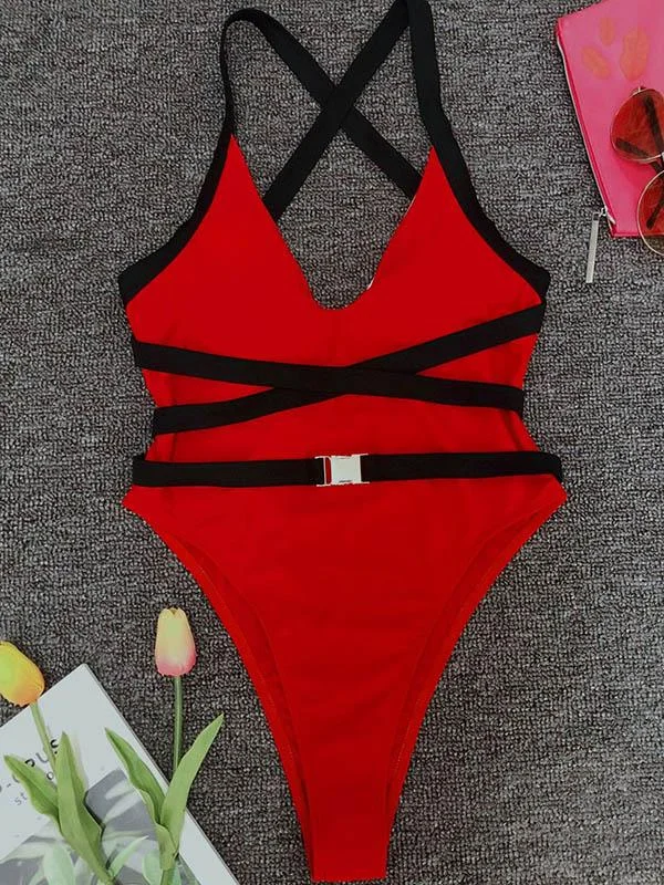 Solid Color Bandage One-Piece Swimwear