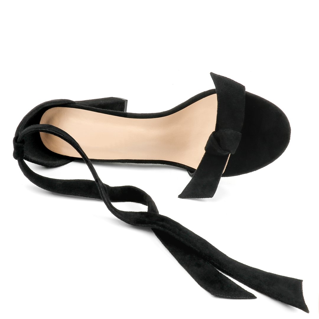 90mm Women's Bowknot Ankle Strap Pumps Block Heel Dress Party Suede Sandals Summer Shoes-MERUMOTE