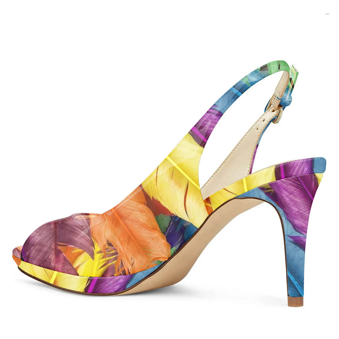 Multicolor Feather Printed Peep Toe Platform High Heels for Women
