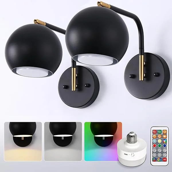 Battery Operated Wall Sconce Set of 2, Black Rechargeable Wall Lights Remote, Not Hardwired LED Wall Lamp, 7 Colors Wireless Sconces for Bedroom Living Room Hallway, Bulb Included