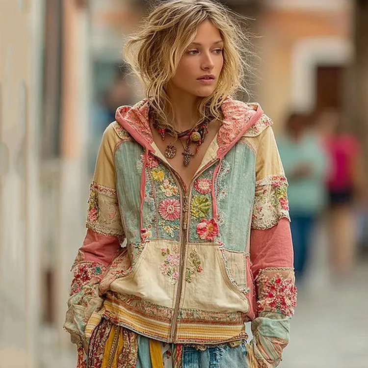 Women's Vintage Bohemian Floral Panel Comfort Warm Zip Hoodie