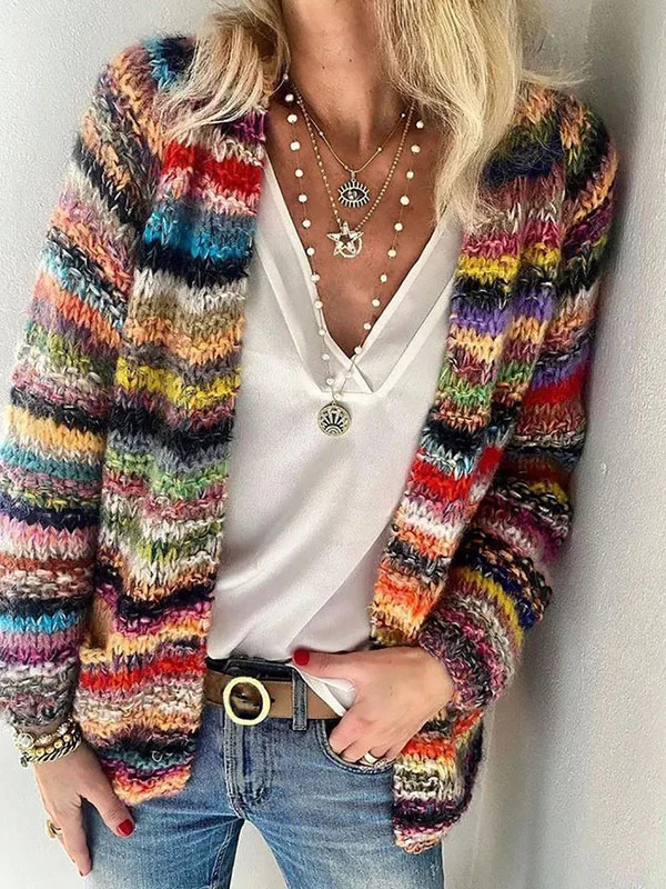 Loose colorful ladies' printed knitted cardigan