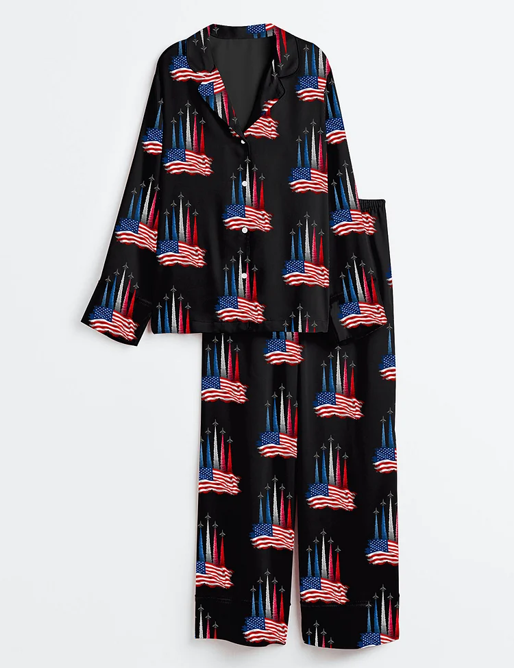 Women&rsquo;s Realistic Jet Planes Patriotic 4th Of July Shirt Bold American Flag Art Print Long Sleeve Satin Pajama Set