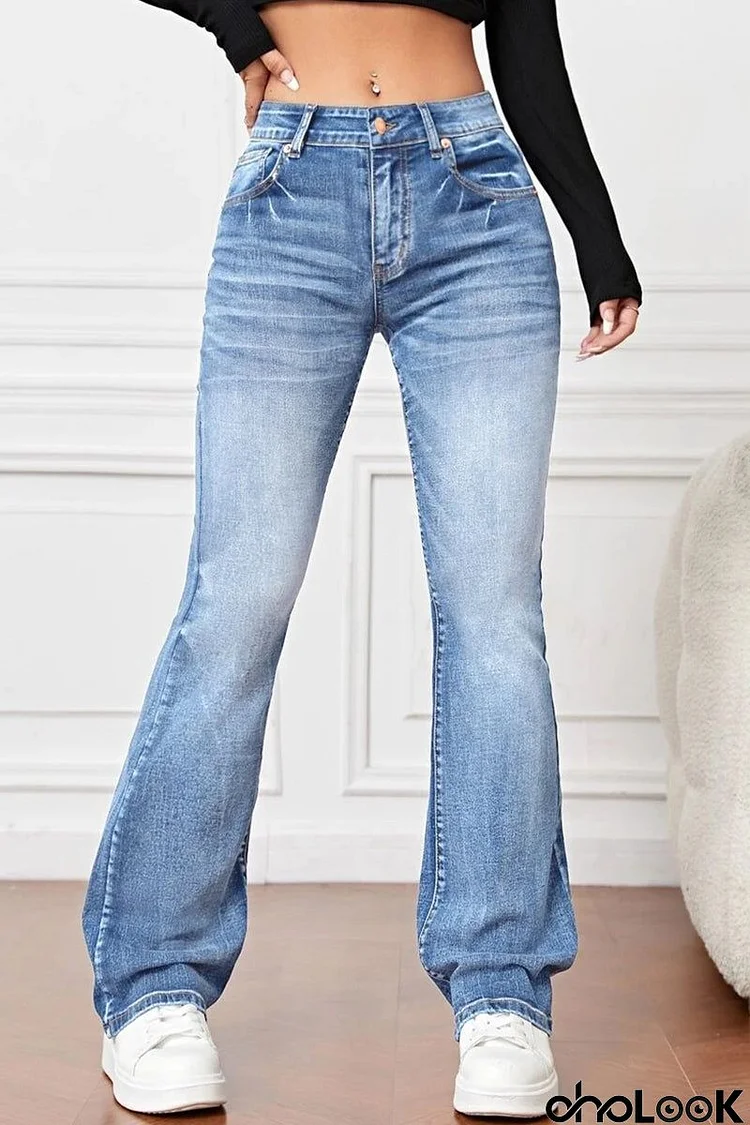 Casual Solid Pocket High Waist Denim Jeans