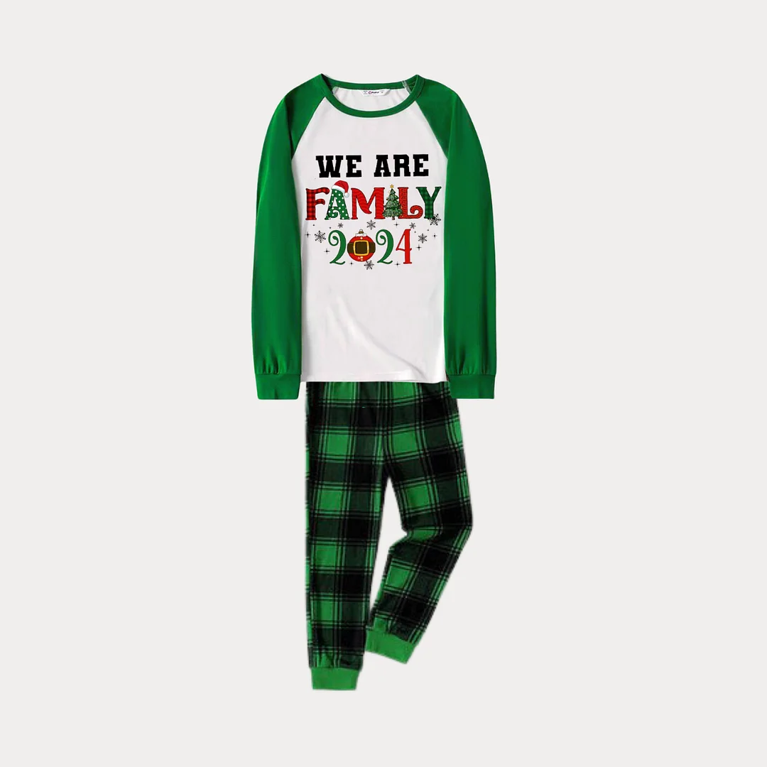 We are Family 2024 Print Long Sleeve Top With Green & Black Plaid Christmas Family Matching Pajamas