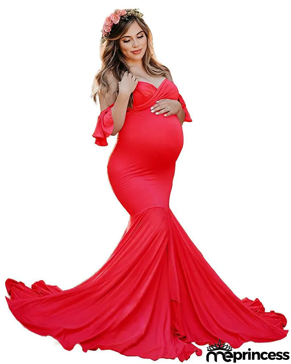 Maternity Ruffle Sleeve Cross V-Neck Trailing Dress