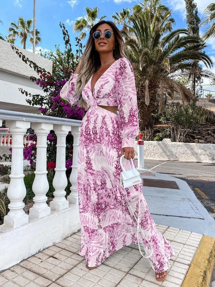 Long Floral V-neck Long Sleeve Elegant Dress 