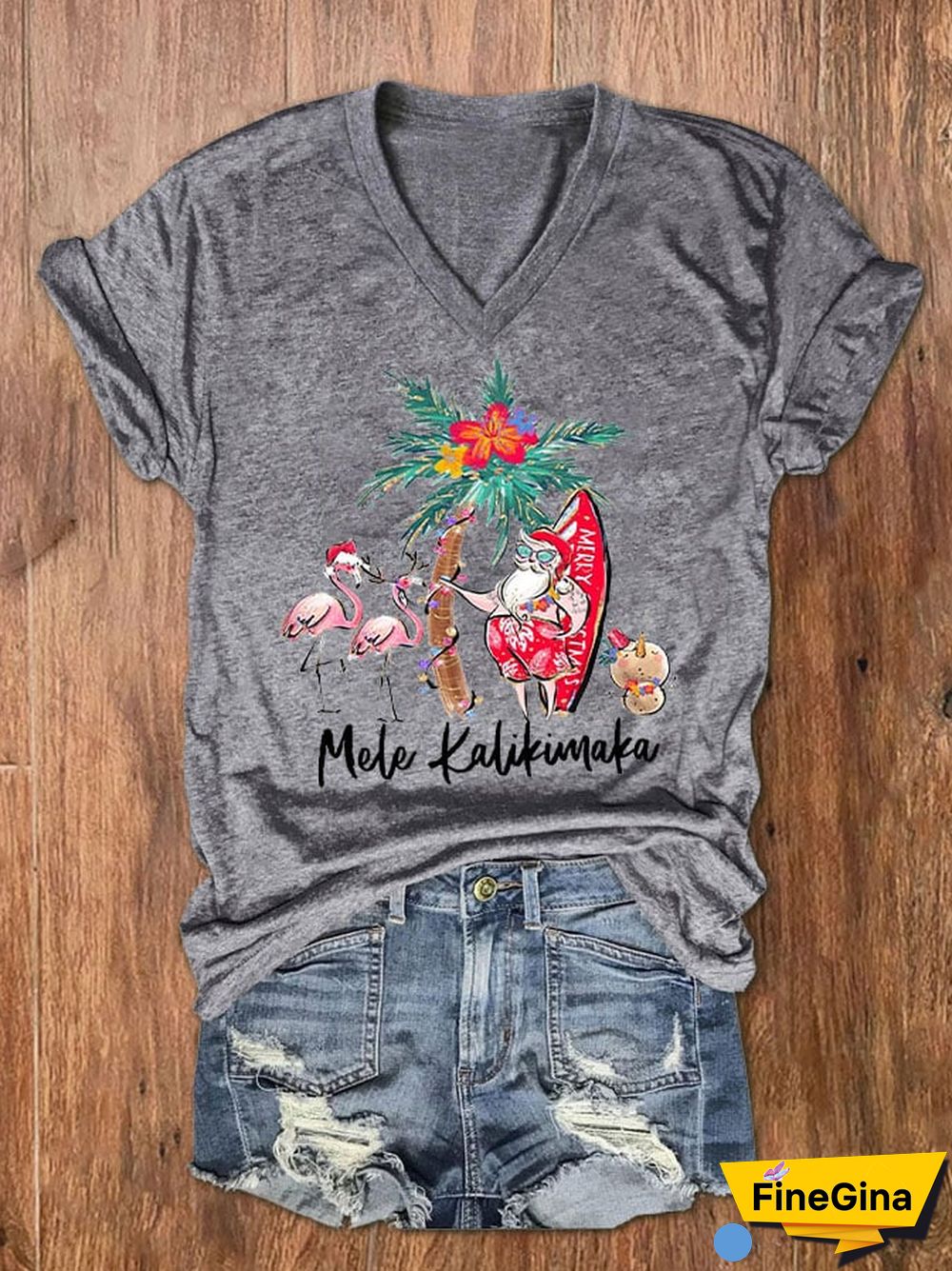 Women's Mele Kalikimaka Hawaii Christmas Print V-Neck T-Shirt