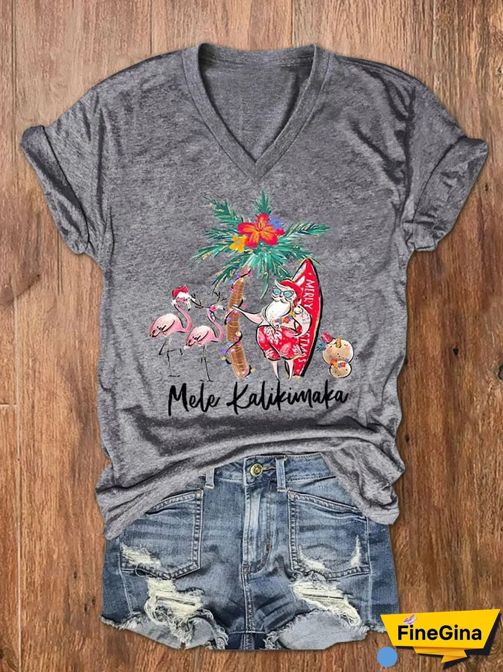Women's Mele Kalikimaka Hawaii Christmas Print V-Neck T-Shirt