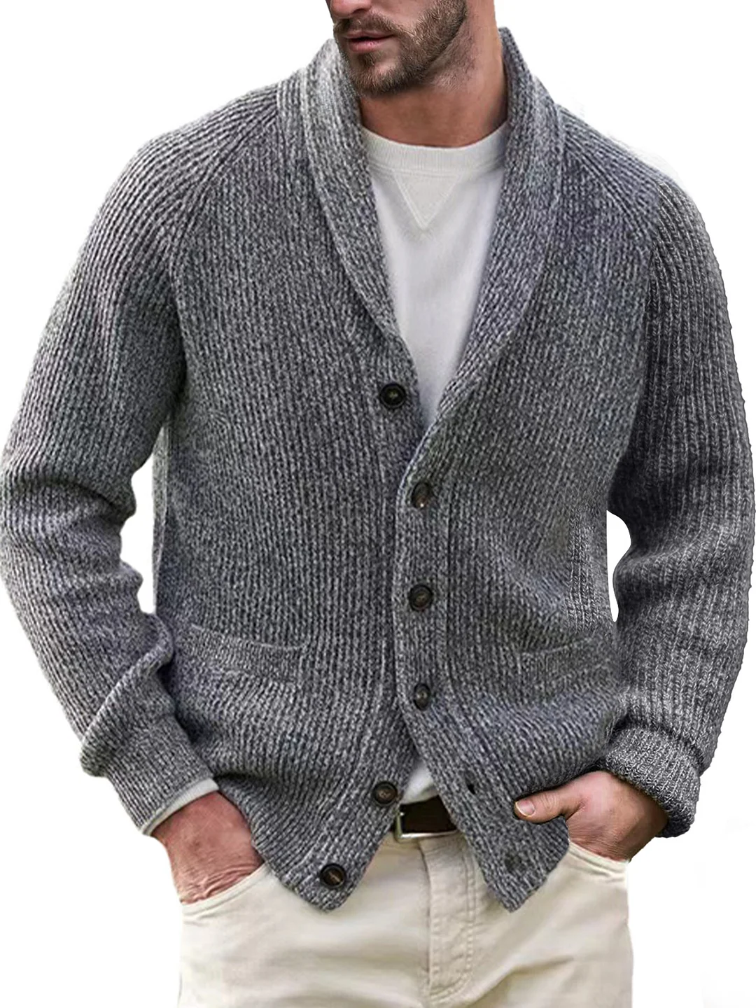 Men's Casual Lapel Solid Color Double Pocket Knitted Sweater Jacket