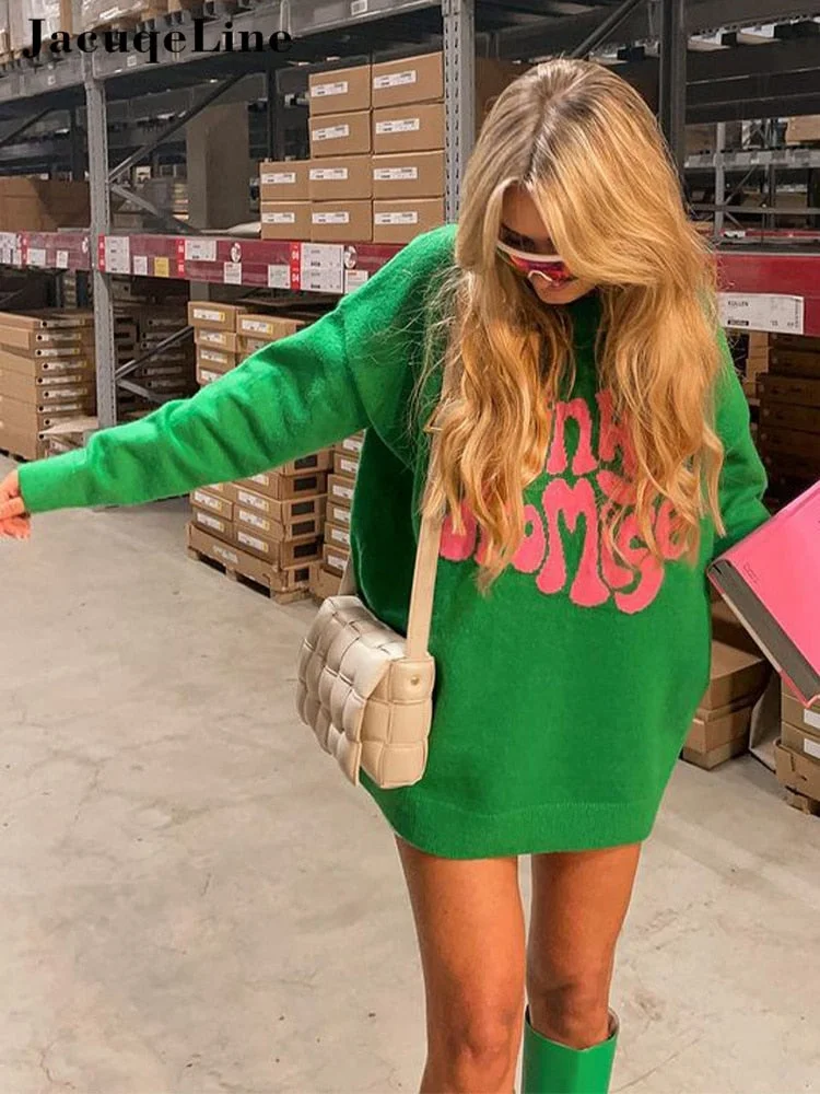 Jacuqeline 2022 Y2K Green Knitted Women Sweater Dress Fairy Grunge  Oversize Long Sleeve O Neck Mini Woman Dresses Autumn Winter