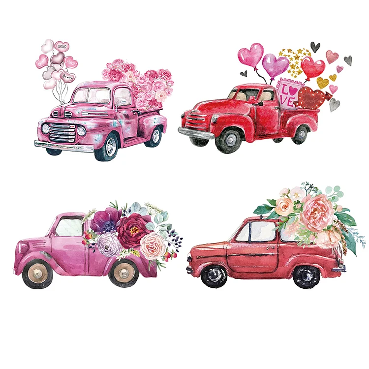 4Sheets Romantic Iron on Patches Heat Transfer Vinyl Patch Stickers(Flowers Car)